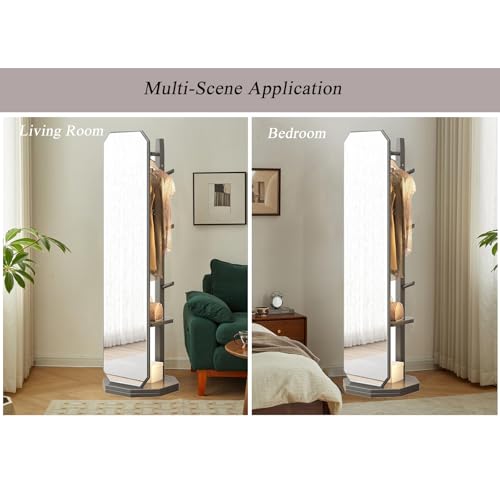 Floor-Standing Solid Wood Rotating Coat Rack，360° Rotating Full Length Mirror with Coat Rack and Hanging Hooks 2 in 1 Freestanding Floor Mirror and Clothes Hanger for Living Room Bedroom and