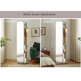 Floor-Standing Solid Wood Rotating Coat Rack，360° Rotating Full Length Mirror with Coat Rack and Hanging Hooks 2 in 1 Freestanding Floor Mirror and Clothes Hanger for Living Room Bedroom and