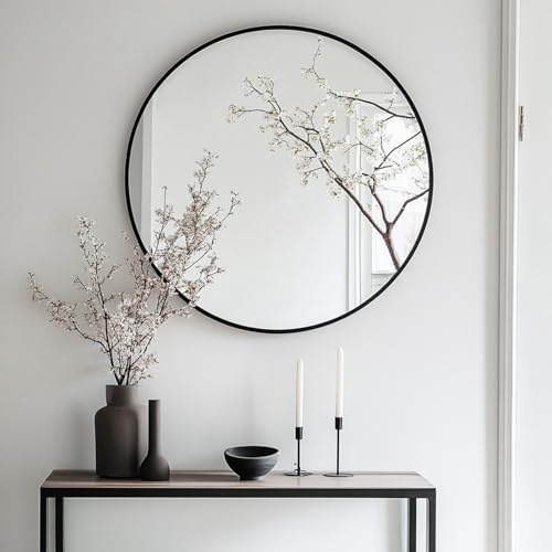 Oruii Round Mirror, Black Round Mirror 24 inch, Circle Wall Mirrors Metal Frame, Black Circular Mirrors for Bathroom, Wall, Living Room, Entryway, Hallway, Vanity, Rustic