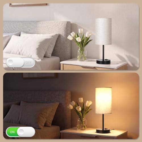ZJOJO Table Lamp for Bedroom Set of 2, Bedside Small Lamps with 3 Way Dimmable Rocker Switch and AC Outlet, Nightstand Desk Lamp with Flaxen Fabric Shade Black Base for Living Room Home Decor Lights