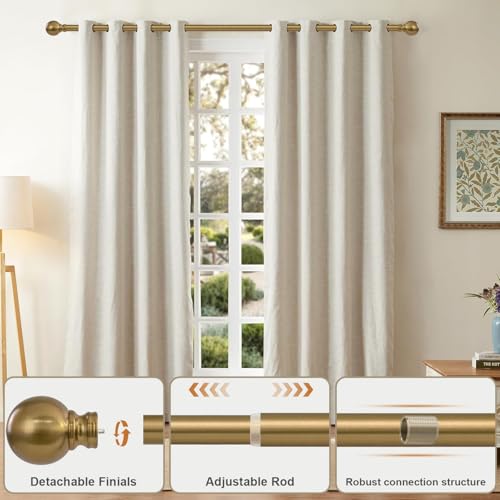 Warm Gold Curtain Rods for Windows 72 to144 Inch Brass Extra Long Heavy Duty Adjustable single 1" Diameter with vintage Brushed Bronze Metal Finials Antique for Living Room Bedroom Farmhouse Kitchen