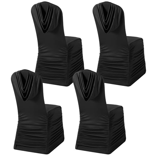 Fanfanwin 4 Pcs Black Chair Covers Ruched Swag Back Stretch Spandex Fitted Banquet Chair Covers with Foot Pockets for Wedding & Event Decor
