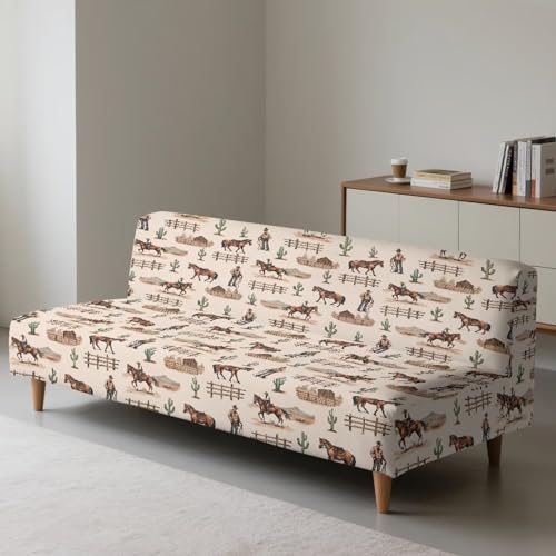 Cowboy Horse Armless Futon Cover Elastic Couch Cushion Cover Removable Futon Sofa Bed Slipcover Adjustable Furniture Protector for Home Living Room Decorations