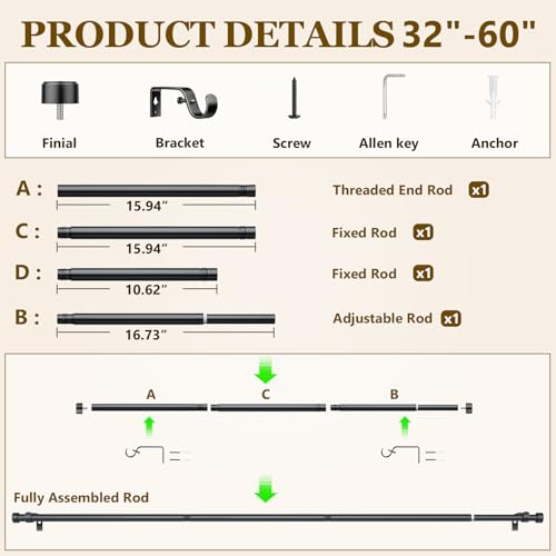 Curtain Rods for Windows 32-60 Inch, 1 Inch Adjustable Black Curtain Rod Set with Brackets, Easy Install
