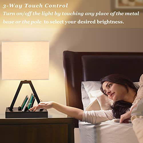 Touch Control Table Lamp, 3-Way Dimmable Desk Lamp with USB C & USB A and AC Outlet, Bedside Lamps with Phone Stands for Bedroom, Living Room, Office, LED Bulb Included, Black