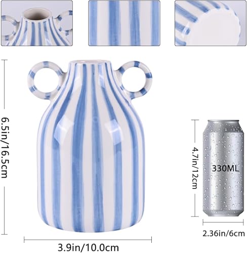Blue and White Ceramic Vase with Handle, Nordic Boho Small Vases Side Table Flower Centerpiece, Wide Mouth Single Flower Vase Pampas Grass Decorative - for Home Window Sill Living Dining Room Kitchen