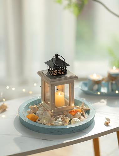 Hanobe Candle Plate Holder Tray: Round Wood Decorative Candle Plate - Rustic Farmhouse CoffeeTable Decor - Tealight Pillar Trays for Home Decor (Ocean Blue)