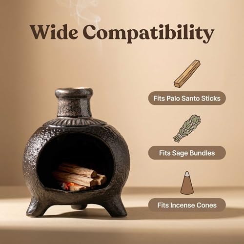 Ceramic Palo Santo Holder, Palo Santo Burner Chimney with Wide Opening & Heat-Resistant Design – Ideal for Meditation, Yoga, Aromatherapy, Spa, Calming Space (L/Black/Wide-Opening)