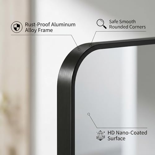 Koonmi Bathroom Mirror, 30X36 Inch Black Metal Framed Mirror for Bathroom, Tempered Glass, Anti-Rust, Rounded Rectangle Mirror for Restroom, Bedroom, Black