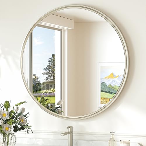 TokeShimi 24 Inch Circle Bathroom Mirror Brushed Nickel, Tempered Round Wall Mirror, Shatterproof 24x24 Hanging Wall Mirrored Farmhouse for Bedroom, Entryway, Restroom, Vanity, Living Room