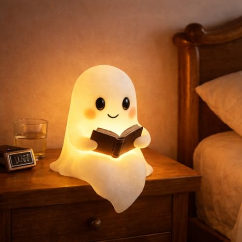 Ghost Night Light with Book, USB Powered LED Lamp, Warm White Glow, Resin, Cute Kawaii Figurine, Bedroom Nightlight