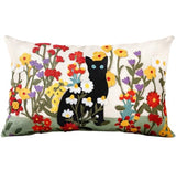 Embroidered Throw Pillow Cover, 20x12 Inch, Black Cat Floral