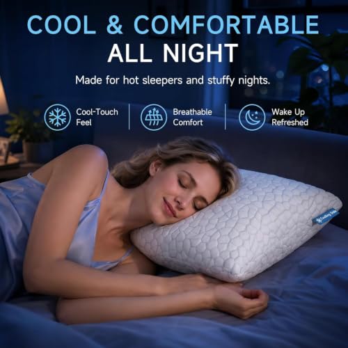 QUTOOL Cooling Pillow for Sleeping, CertiPUR-US Shredded Memory Foam Standard Pillow Set of 1, Cool Pillow for Hot Sleepers Adjustable Firm Pillow for Side,Back,Stomach Sleepers Soft Yet Support,White