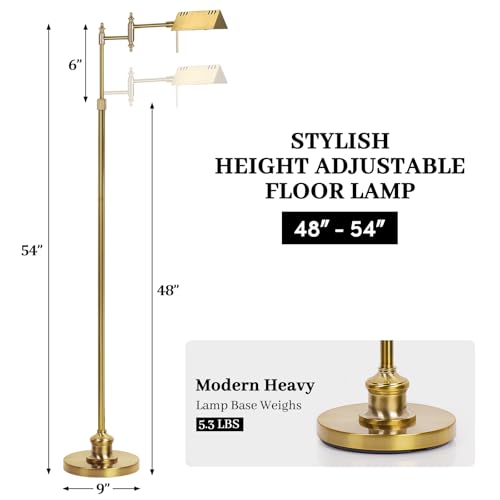 Dimmable Pharmacy Floor Lamp with Remote, 17W Gold LED Reading Floor Lamp with 360°Swing Arm, 3 Color Temperature, Height Adjustable Standing Task Lamp for Living Room, Bedroom, Office, Antique Brass