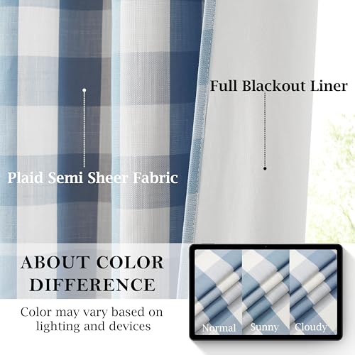 Buffalo Plaid Full Blackout Curtain Panels 84 Inches Length,Dusty Blue and White Farmhouse Drapes,Thermal Insulated Window Treatment for Bedroom Living Room,Rod Pocket Back Tabs,40"Wx84"Lx2