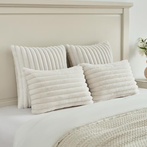 FUTEI Pack of 2 Fluffy Faux Fur Throw Pillow Covers 18x18 Inch Elegant Striped Textured Decorative Cushion Cases Modern Accent Pillow for Couch Bed Living Room, Cream White