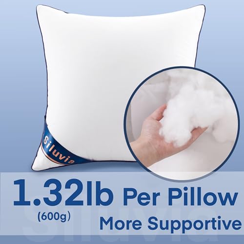 Siluvia 18"x18" Pillow Inserts Set of 2 Decorative Square Throw 18" Pillows with 100% Cotton Cover for Sofa, Couch, and Bed - White