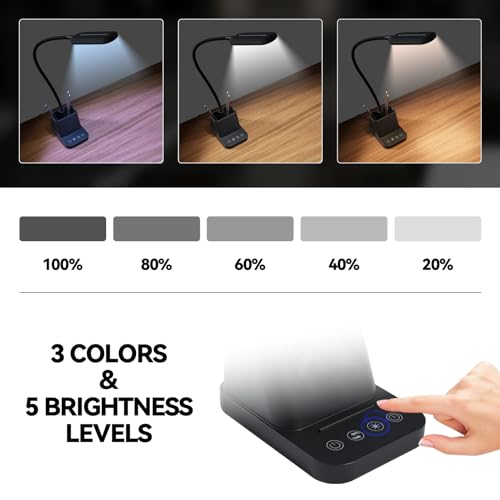 LED Desk Lamp with USB Charging Port, Study Table Light for Home Office Bedrooms, Black, Flexible Gooseneck, Small, 650LM, Pen Holder, Timer Settings, School Essentials for College Dorm Room
