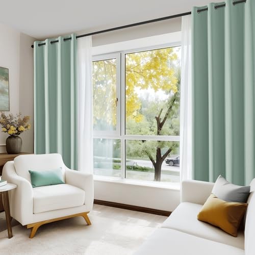 Beauoop 100% Blackout Curtains 84 Inch Long 2 Panels for Bedroom Living Room Seafoam Green Solid Room Darkening Thermal Insulated Soundproof Energy Saving Grommet Top Window Treatment Drapes,52x84