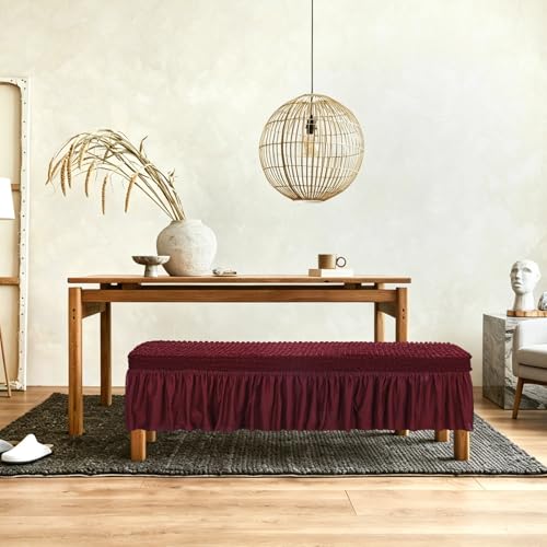 M METERXITY Stretch Dining Bench Cover with Skirt, 31-51" Polyester Soft Seersucker Bench Slipcover Covers Removable Washable for Banquet/Bedroom/Piano Red Wine, Medium
