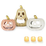 Sunlit Ceramic Pumpkin with 3 Tea Lights, Jack O Lantern Candle Holder Set of 3, Tabletop Indoor Halloween Decorations for Holiday Party Home, Pearl Finish