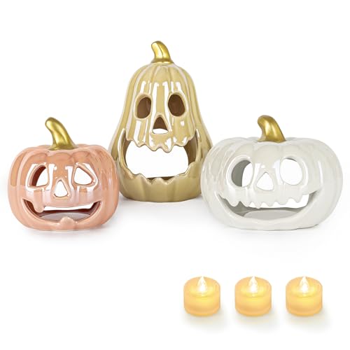 Sunlit Ceramic Pumpkin with 3 Tea Lights, Jack O Lantern Candle Holder Set of 3, Tabletop Indoor Halloween Decorations for Holiday Party Home, Pearl Finish