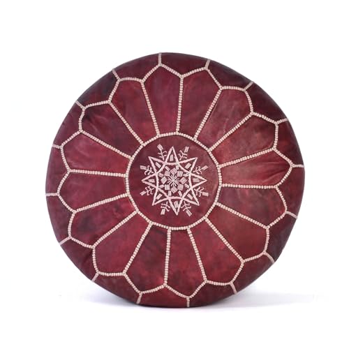 Handmade Moroccan Embroidered Leather Pouf | Delivered Unstuffed | Ottoman, Footstool, Footrest, Hassock, Floor Cushion, Coffee Table, Under Desk | Gift for Housewarming or Weddings (Burgundy)