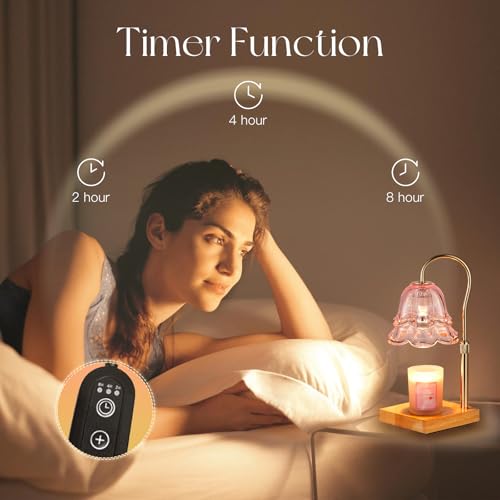 Candeldo Candle Warmer Lamp with Timer: Pink Flower Candle Warming Lamp with 2 Bulbs Height Adjustable Wax Warmer Dimmable Bedroom Mothers Day Decor Gift for Women