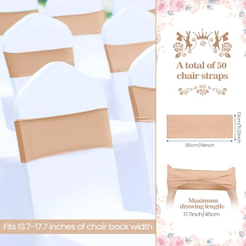 Kinlop 50 Pcs Spandex Chair Sashes Bows Chair Bands Slider Sashes for Covers Elastic Bands Ties Without Buckle Decorations for Wedding Party Events Ceremony Birthday(Nude)