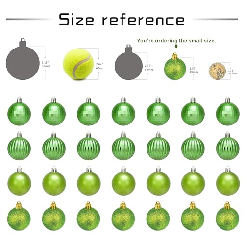 Small Size 28ct shatterproof Christmas Ball Ornaments in 4 Classic finishes for Christmas Tree Decoration (Lime Green, 1.57“ Mini Size)