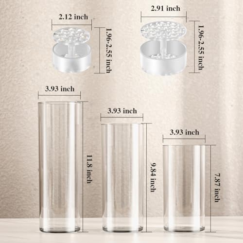 3 Large Acrylic Clear Cylinder Vase Set with 2 Spiral Ikebana Stem Holder Ring, Unbreakable Tall Plastic Hurricane Vases for Wedding Centerpieces Flower Bouquet Decor (3 Vases + 2 Holder)