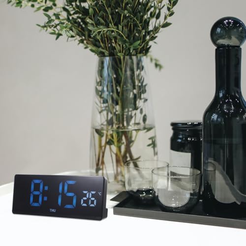 DECHOUS LED Digital Desk Clock Large Display Thermometer Alarm Clock Blue LED Temperature Display for Home Office, Black Frame, Battery Not Included
