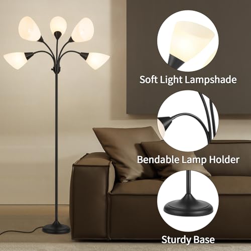 HonoDing Medusa Floor Lamps Standing Lamps 5 Heads Adjustable Reading Light Large Shade Use E26 A19 Bulb Floor Lamps for Living Room Bedroom (Black)