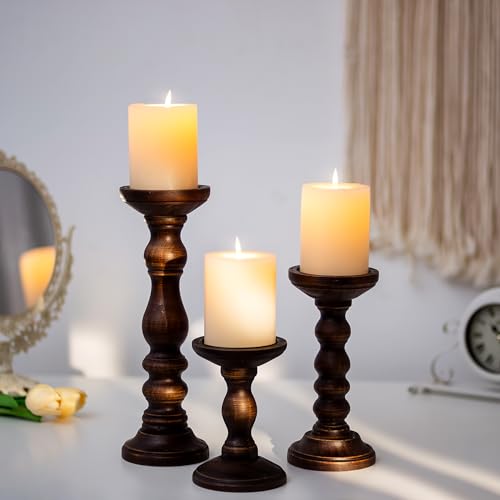 Romadedi Wood Pillar Candle Holders, Dark Brown Solid Wood, Set of 3