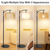 Boho Rattan Floor Lamp with Shade – 12W Bright Dimmable LED Bulb, Remote Control 3 Color Temperatures, Modern Farmhouse Handwoven Arc Standing Light for Living Room Bedroom