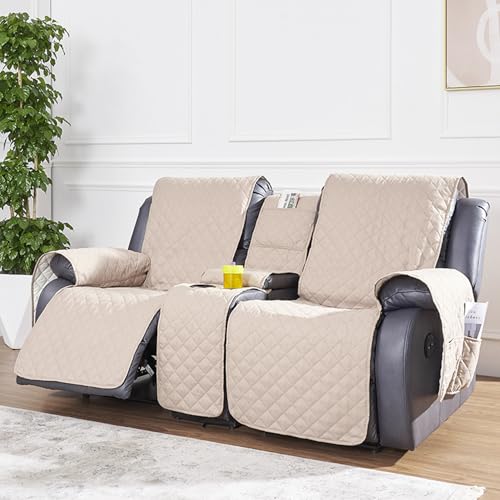 Loveseat Recliner Cover with Console, Waterproof Non-Slip Recliner Cover with Elastic Straps, Sofa for Double Reclining Sofa Furniture Protector for Kids, Pets, Loveseat Covers