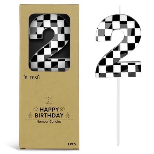 Number 2 Racing Cars Birthday Candles,2.68 Inch Black White Checkered Birthday Number Candles, Cool Racing Themed Number Candles for Boys and Girls, Kids Race Car Themed Party Decorations Supplies