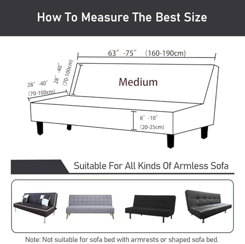 Armless Futon Cover Full Size Stretch Sofa Bed Slipcover Non-Slip Elastic Bottom Small Check Jacquard Couch Cover Thick Soft Washable Furniture Protector Kids Pet Dog Cat(K,Medium:160-190cm)