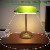 NISSAFORS Bankers Desk Lamp, Green Glass Shade, Vintage Desk Lamp with Pull Chain Switch, Retro Table Lamps for Home Office(Retro Gold+Green, Small)