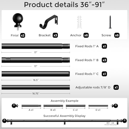 Curtain Rods 36-91 Inch, Black 1 Inch Adjustable Heavy Duty Curtain Rods for Windows, Decorative Modern Window Treatment Rod, Telescopic Splicing Metal Drapery Pole, Easy Installation
