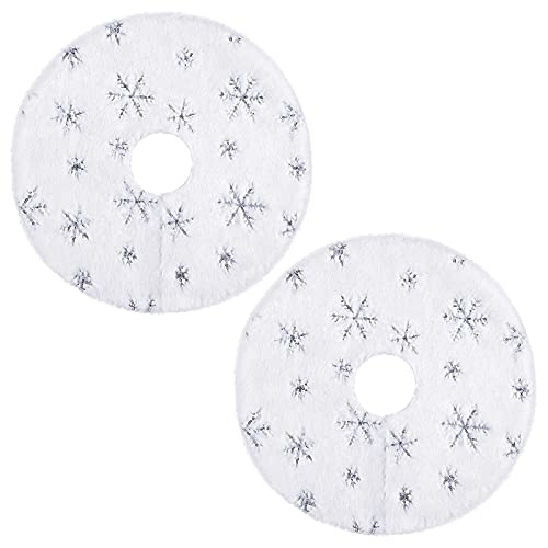 URATOT 2 Pack 15 Inches Mini Christmas Tree Skirt White with Silver Snowflake Tree Mat Faux Fur Plush Xmas Tree Skirt for Christmas Holiday Party Indoor Outdoor Home Decoration