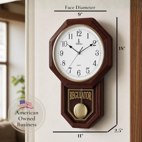 Pendulum Wall Clock - Real Wood Regulator Clock - Schoolhouse Design - Quiet, Non-Chiming, Wooden & Battery Operated - Decorative Wall Decor for Living Room, Home, Office 18x11
