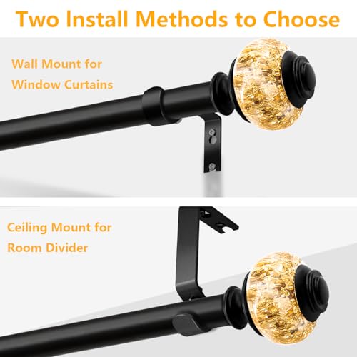 Curtain Rods for Windows,1 Inch Adjustable Window Curtain Rod, Curtain Rod Set with Luxury Crystal Translucent Finials for Bedroom, Living Room (Black, 28-109in)