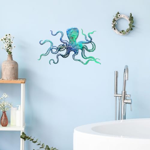 Zhengmy Octopus Metal Wall Art Octopus Wall Decor 18 x 11 Inch Extra Large Tropical Nautical Hanging Sculpture Beach Ocean Theme Home Bedroom Decoration Summer Gifts(Ocean Blue)