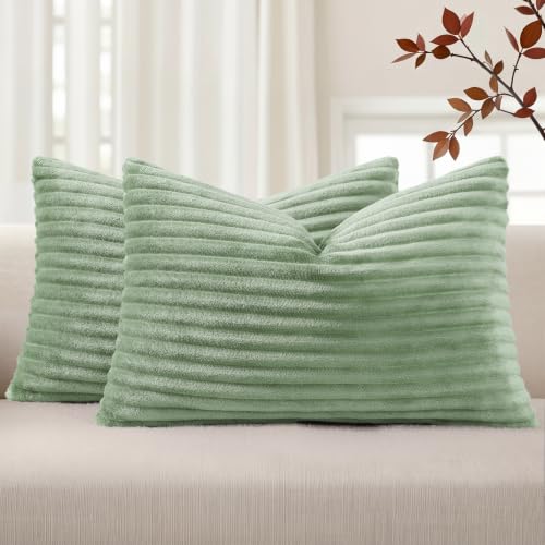 Simmore Fall Soft Sage Green Flannel Throw Pillow Covers 12X20 Set of 2