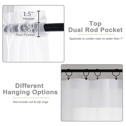 White Sheer Curtains 84 Inches Long 2 Panels Set for Bedroom Living Room, Soft Airy Light Filtering Modern Solid Rod Pocket Drapes Window Treatments, White, Each 42" W x 84" L