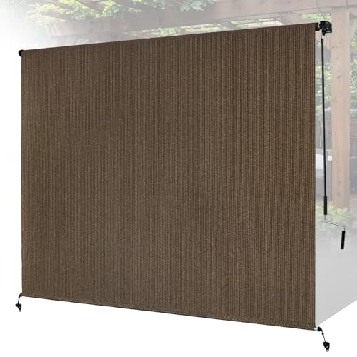 8'W x 8'H Mocha Patio Shades Roll up Outdoor Roller Shade Crank Wand Blind Cordless, 90% UV Blocking & Privacy Protection for Porch|Gazebo|Pergola|Backyard (2 Splicing Tube, 1 Fabric)