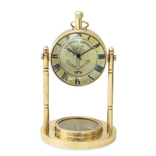 LIARA Vintage Brass Gold Table Clock Compass | Elegant Vintage Nautical Timepiece for Home & Gift