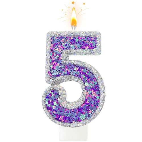 K-pop Number 5 Birthday Candle, Star Glitter Filled Number Candle, Purple Silver Fantasy Cake Topper for Birthday Party Decoration