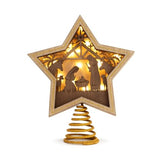 DEMDACO Lit Star Nativity Tree Topper - Glowing Gold Accented Wooden Star for Beautiful Holiday Charm - Christmas Tree Topper - Warm LED Shadow Box - Cutout Nativity Scene